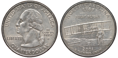 США 25 центов = квотер 2001 Р, серия штаты США, Северная Каролина KM 319 медь плакированная медно-никелем 4538-315