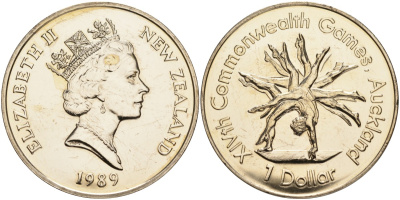 Новая Зеландия 1 доллар 1989 XIV Игры Содружества наций, гимнастика, Елизавета II (1952-2022) KM 68 медно-никель UNC 74-735