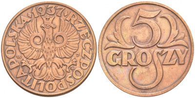 Польша 5 грошей 1937 w KM 10а, Parchimowicz 103i бронза 100-959
