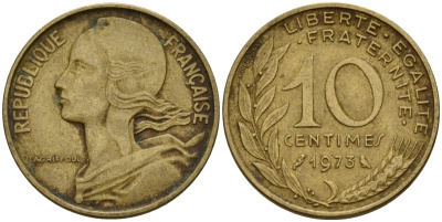 Франция 10 сантимов 1973 KM 929 алюминиевая бронза 4154-1068