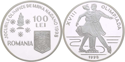 Румыния 100 леев 1998 XVIII зимние Олимпийские игры в Нагано 1998 года, парное фигурное катание KM 141 серебро PROOF 1085-6-12