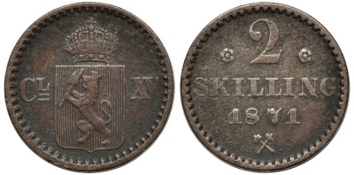 Норвегия 2 скиллинга 1871 с розами KM 336.1 медь 26-739