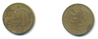 ЧЕХОСЛОВАКИЯ 20 ГЕЛЛЕРОВ 1980 KM 74 латунь 3999-122