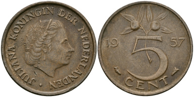 НИДЕРЛАНДЫ 5 ЦЕНТОВ 1957 ЮЛИАНА KM 181 бронза 95-326