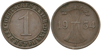 Германия 1 рейхспфенниг 1934 A KM 37, J. 313 бронза 4189-1244