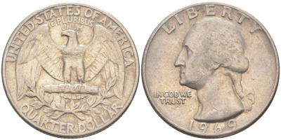 США 25 центов (квотер) 1969 Вашингтон KM 164a медь плакированная медно-никелем 80-1013
