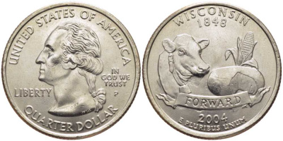 США 25 центов = квотер 2004 P, серия штаты США, Висконсин KM 359 медь плакированная медно-никелем UNC M49-20