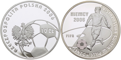 Польша 10 злотых 2006 MW, FIFA, чемпионат мира по футболу в Германии 2006 года, голограмма серебро PROOF 1087-7-31