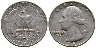 США 25 ЦЕНТОВ = КВОТЕР 1981 Р, ВАШИНГТОН КМ А164а медь плакированная медно-никелем 56-1211