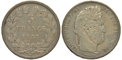 Франция 5 франков 1833 Т, Луи Филипп I (1830-1848) KM 749.7 серебро 1524-1125
