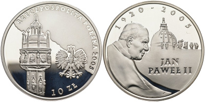 Польша 10 злотых 2005 MW, Иоанн Павел II, собор Святого Петра в Риме KM 539 серебро PROOF 11-119-26