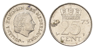 Нидерланды 25 центов 1973 Юлиана (1948-1980) KM 183 никель 4178-131