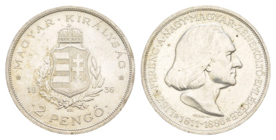 Венгрия 2 пенге 1936 50 лет со дня смерти Ференца Листа KM 515 серебро 1527-1245