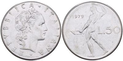 ИТАЛИЯ 50 ЛИР 1979 R, КУЗНЕЦ KM 95.1 нержавеющая сталь 89-1435