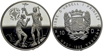 Андорра 10 динеров 1999 серия миллениум, крещение Иисуса Христа KM 158 серебро PROOF 11-152-35