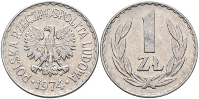 Польша 1 злотый 1974 MW, Народная Республика KM 49.1, Parchimowicz 213k алюминий 3336-944