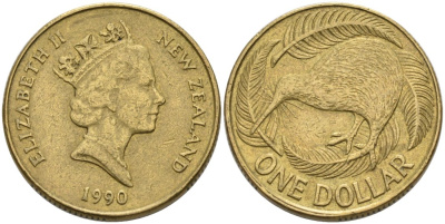 Новая Зеландия 1 доллар 1990 Елизавета II (1952-2022), птица киви KM 78 алюминиевая бронза 29-317