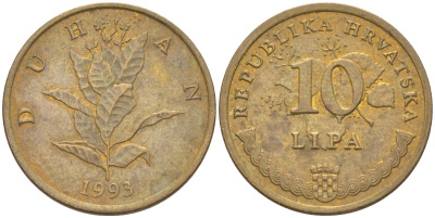 Хорватия 10 лип 1993 табак обыкновенный, легенда на хорватском KM 6 сталь плакированная латунью 4551-1114