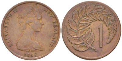 Новая Зеландия 1 цент 1967 Елизавета II (1952-2022), лист папоротника KM 31.1 бронза 218-1054