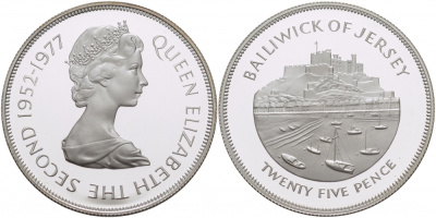 Джерси 25 пенсов 1977 25 лет правления Елизаветы II KM 44а серебро PROOF 1081-9-31