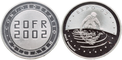 Швейцария 20 франков 2002 В, ЭКСПО 2002, в запайке KM 101 серебро PROOF 1524-1013