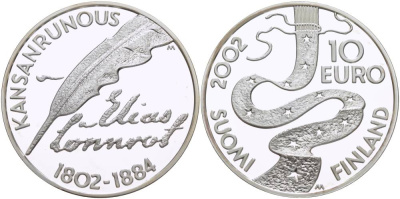 Финляндия 10 евро 2002 Элиас Леннрот, лингвист KM 108 серебро PROOF 1084-9-23