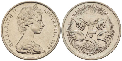 АВСТРАЛИЯ 5 ЦЕНТОВ 1977 ЕЛИЗАВЕТА II, МОЛОДОЙ ПОРТРЕТ, ЕХИДНА KM 64 медно-никель 100-1231