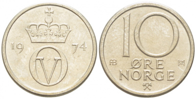 Норвегия 10 эре 1974 Улаф V (1958-1991) KM 416 медно-никель 3955-233