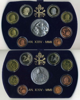 Ватикан евронабор из 8 монет + серебряная медаль 2002 Иоанн Павел II, очень редкий KM PS 15 биметалл PROOF 4-3-5-01-1