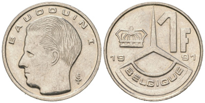 Бельгия 1 франк 1991 Belgique, Бодуэн I (1951-1993) KM 170 нержавеющая сталь aUNC 4618-459