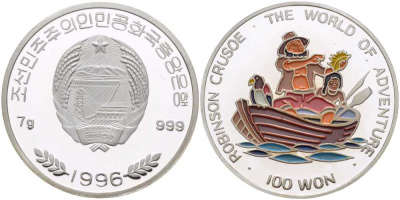 Северная Корея 100 вонов 1996 Робинзон Крузо в лодке с Пятницей и попугаем, цветная эмаль KM 122 серебро  PROOF  04-011-15