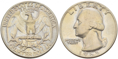 США 25 центов (квотер) 1965 Вашингтон KM 164а медь плакированная медно-никелем 4546-1244