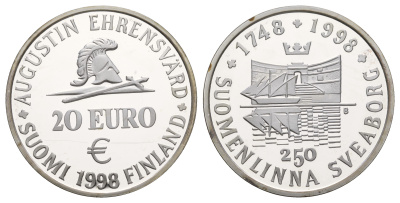 Финляндия 20 евро 1998 Крепость в Хельсинки - Суоменлинна серебро PROOF 443-1322
