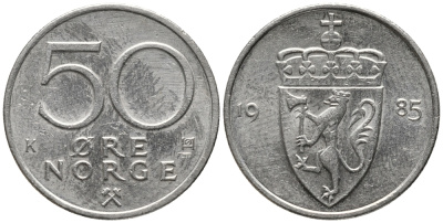 Норвегия 50 эре 1985 Улаф V (1957-1991) KM 418 медно-никель 67-135