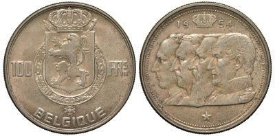 Бельгия 100 франков 1954 Belgique, королевская династия КМ 136.1 серебро 443-121