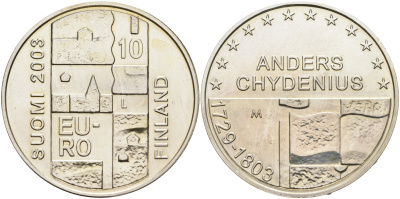 Финляндия 10 евро 2003 200 лет со дня смерти Андерса Чудениуса KM 110 серебро  UNC  1098-3-13