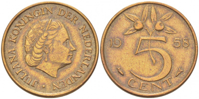 НИДЕРЛАНДЫ 5 ЦЕНТОВ 1958 ЮЛИАНА KM 181 бронза 3718-352