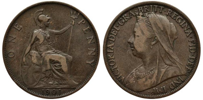 Великобритания 1 пенни 1901 Виктория (1837-1901) KM 790, Spink 3961 бронза  180-144