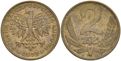 ПОЛЬША 2 ЗЛОТЫХ 1977 ЛЕНИНГРАДСКИЙ МОНДВОР KM 80.1 латунь XF 192-846