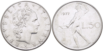 ИТАЛИЯ 50 ЛИР 1977 R, КУЗНЕЦ KM 95.1 нержавеющая сталь 89-714