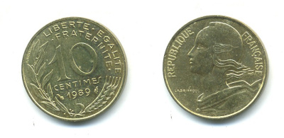 Франция 10 сантимов 1989 тип Marianne KM 929, le Franc 144.29 алюминиевая бронза 84-1638
