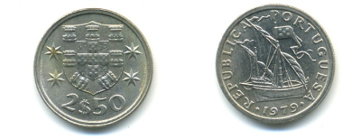 ПОРТУГАЛИЯ 2,5 ЭСКУДО 1979 ПАРУСНИК KM 590 медно-никель 176-152