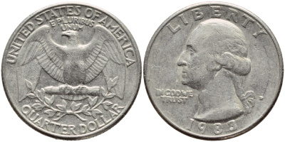 США 25 ЦЕНТОВ = КВОТЕР 1983 D, ВАШИНГТОН KM А164а медь плакированная медно-никелем 4397-123