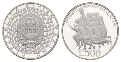 Сан-Марино 500 лир 1990 Чемпионат мира по футболу 1990 KM 246 серебро PROOF 1083-3-63