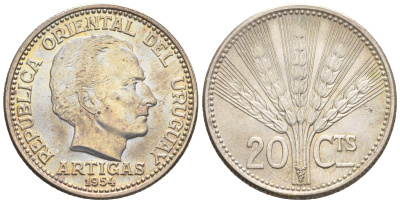 Уругвай 20 сентесимо 1954 Хосе Хервасио Артигас KM 36 серебро UNC 4609-148