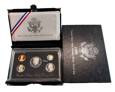 США официальный набор из 5 монет, в престижной упаковке 1996 S, Джон Кеннеди, в твердом пластике, Premier Silver Proof Set KM PS 188 серебро  PROOF  14-01-02-15