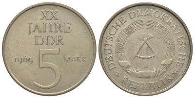 ГДР 5 МАРОК 1969 А, 20 ЛЕТ ГДР PROBA, RARE KM 22.1 а медно-никель 413-1034