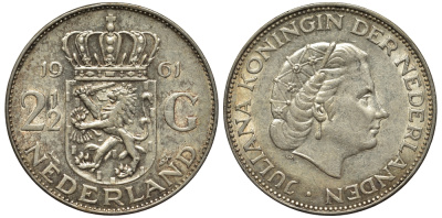 Нидерланды 2 1/2 гульдена 1961 Юлиана (1848-1980) KM 185 серебро 443-321