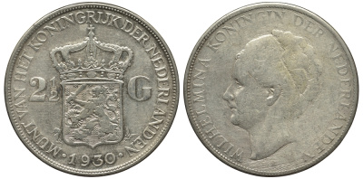 Нидерланды 2 1/2 гульдена 1930 Вильгельмина I (1890-1948) KM 165 серебро 443-421