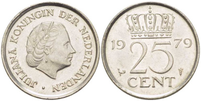 Нидерланды 25 центов 1979 Юлиана (1949-1980) KM 183 никель 214-1119